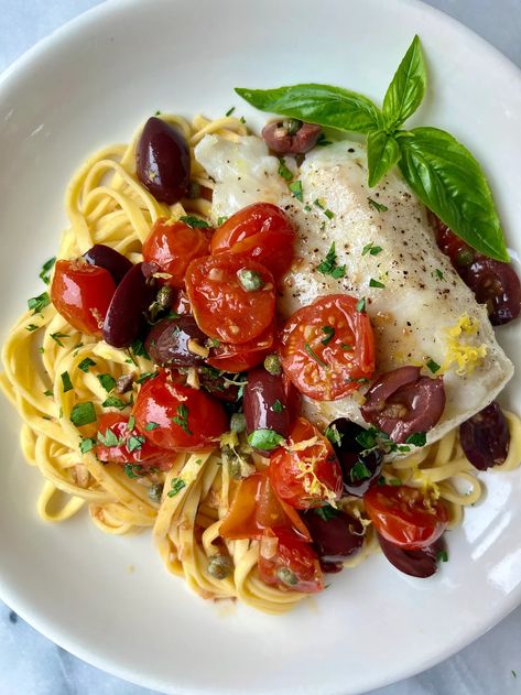 (4) Cod a la Puttanesca - Olivia Mack McCool Roasted Cod, Fish Pasta, Cook Fish, Pasta Puttanesca, Udon Noodles, Drying Pasta, Fresh Cherries, Cook Off, Fresh Pasta