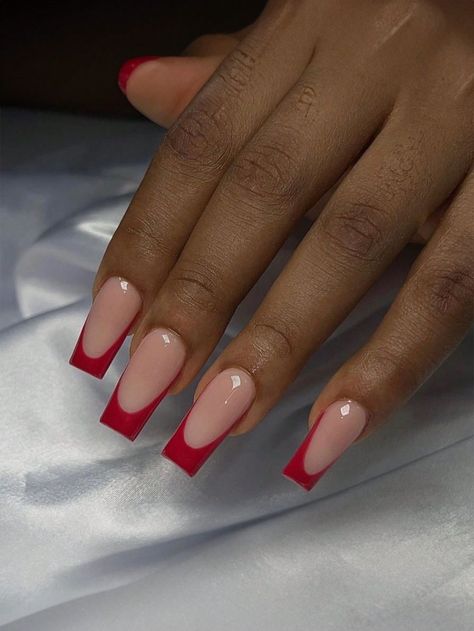 Nude And Red Acrylic Nails, Nude And Red Nails, Bridesmaids Nails, Acrylic Glue, Acrylic Toe Nails, Nail Color Trends, Red French, Nails Press, Girly Acrylic Nails