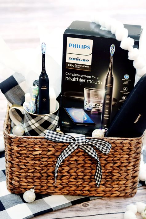 Gift your Tech Savvy guy with the Philips Sonicare DiamondClean Smart Electric Toothbrush, it is bluetooth enabled and connects to the Sonicare App! I presented it to him in a fun plaid themed gift basket. #WorldsSmartestToothbrush #ad Dental Raffle Basket Ideas, Dental Office Gift Basket Ideas, Dental Baskets Gift Ideas, Office Raffle Basket Ideas, Dental Gift Basket, Gift Basket Ideas For Dental Office, Dental Marketing Ideas Gift Baskets, Dentist Gift Basket, Marketing Ideas For Dental Office Gift Baskets