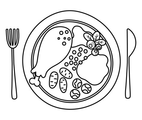 Vector black and white plate with traditional Thanksgiving meal, fork and knife. Outline roast turkey with cranberry sauce. Christmas or Thanksgiving festive food. Holiday outline meal illustration Plate Of Food Drawing, Food Clipart Black And White, Knife Outline, Meal Drawing, Meal Illustration, Food Black And White, Food Outline, Food Drawing Easy, Dinner Drawing