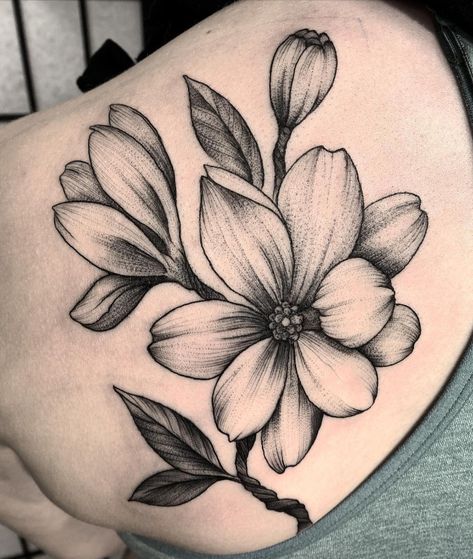 Unusual Flower Tattoo, Dotted Flower Tattoo, Peony And Magnolia Tattoo, Stipple Floral Tattoo, Stipple Flower Tattoo, Stippling Flower Tattoo, Dot Shading Tattoo Flowers, Dot Work Flower Tattoo, Dotwork Flower Tattoo