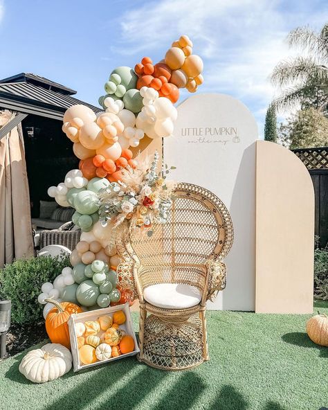 48 Cozy Fall Baby Shower Ideas - Shelterness Fall Shower Backdrop, Fall Shower Themes, Little Pumpkin Shower Ideas, Autumn Theme Baby Shower Ideas, A Little Pumpkin Is On The Way Backdrop, November Baby Shower Ideas Decoration, Little Pumpkin Baby Shower Balloon Arch, Little Pumpkin Balloon Arch, Fall Baby Shower Color Scheme