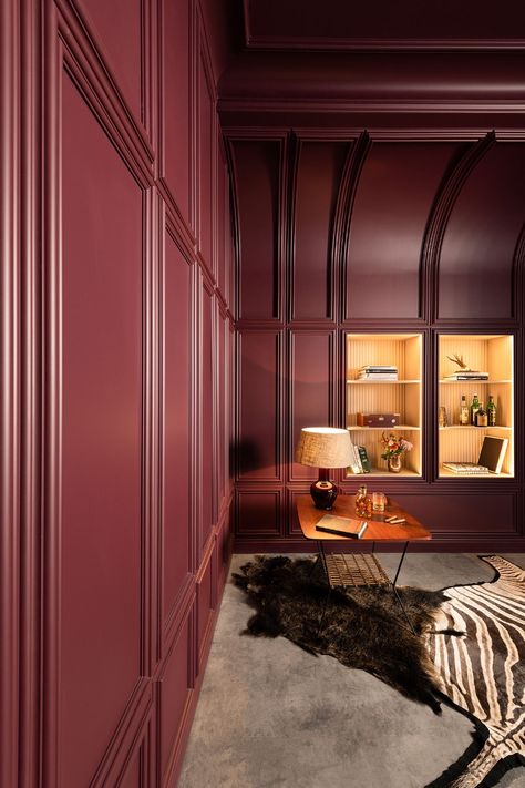 Reading room or study with wall panels in dark red Wall Panel Molding, Flexible Molding, Dado Rail, Orac Decor, Curved Walls, Panel Moulding, Decorative Wall Panels, Wall Molding, 3d Wall Panels