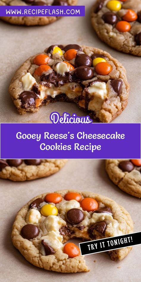 Treat yourself to the ultimate dessert experience with Gooey Reese's Cheesecake Cookies! This delicious recipe features a creamy cheesecake center enveloped in a chocolatey, peanut butter cookie. Perfect for cookie lovers and dessert enthusiasts alike, these cookies are sure to bring joy to your sweet tooth! Deep Dish Peanut Butter Cookie, Gooey Reese’s Cheesecake Cookies, Reeses Dessert, Reese's Cheesecake, Reeses Desserts, Reese's Pieces Cookies, Reeses Cheesecake, Reeses Cookies, Cheesecake Cookies Recipes