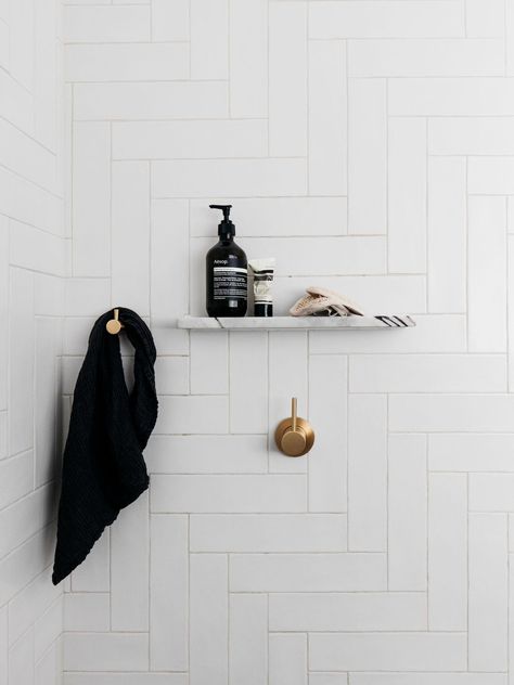 est living decus interiors woollahra house 6 #interiordesignbathroom White Tiled Bathroom, Decus Interiors, Subway Tile Design, Tiled Bathroom, White Bathroom Tiles, Shower Shelf, Cold Shower, Shower Shelves, Bathroom Pictures