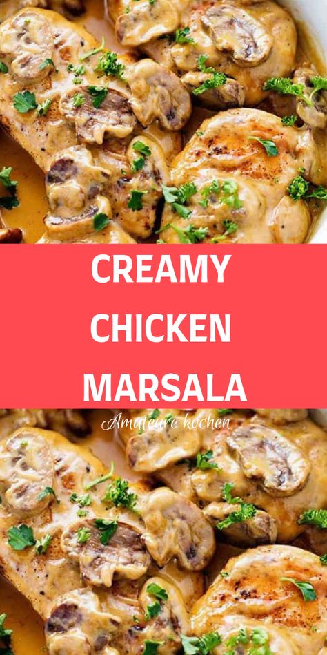 CREAMY CHICKEN MARSALA Chicken Marsala Creamy, Creamy Chicken Marsala, Creamy Chicken Recipes, Grilled Salmon Recipes, Marsala Chicken Recipes, Food Fusion, Marsala Wine, Classic Italian Dishes, Chicken Marsala