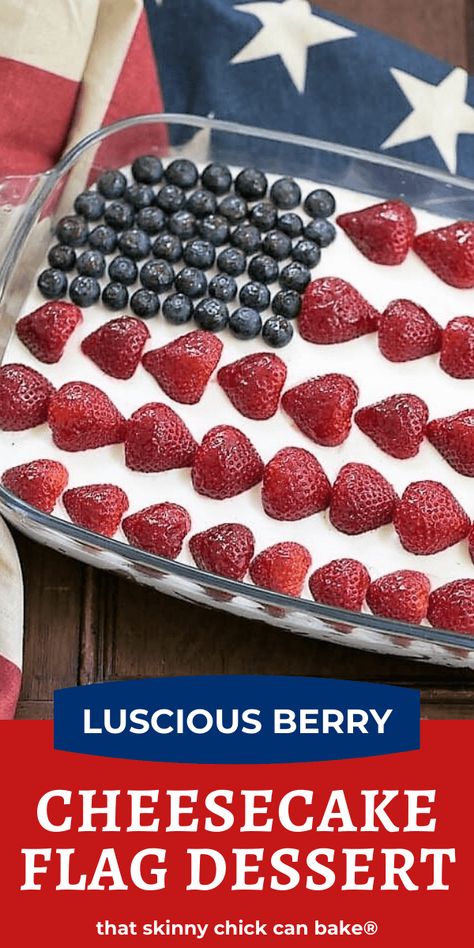 Berry Cheesecake Flag Dessert - Shortbread crust covered with a light whipped cheesecake filling, then decked out like the American flag with luscious, ripe berries! #cheesecake #flagdessert #berryflag #patrioticdessert Whipped Cheesecake, Berries Cheesecake, Baking Recipes Sweet, Flag Desserts, Chicke Recipes, Recipe Categories, Homemade Snickers, Patriotic Desserts, July Desserts