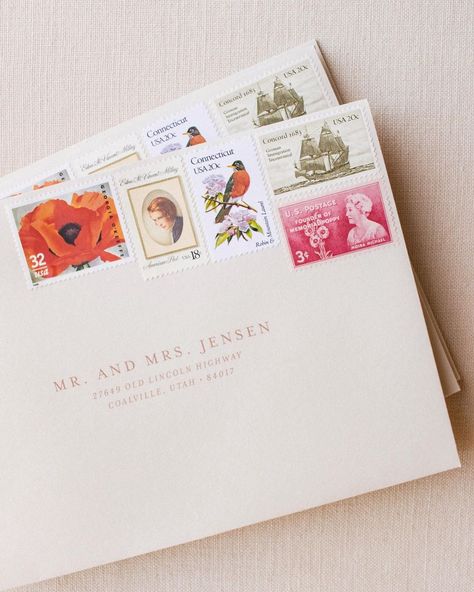 Mikyla || Wedding Invitations on Instagram: “Revisiting this stunning vintage stamp set packed with personal meaning for the bride and groom! Vintage stamps are one of my favorite ways…” Vintage Stamps Wedding Invitation, Wedding Postage Stamps, Addressing Wedding Invitations, Wedding Postage, Gold Foil Wedding Invitations, Bespoke Wedding Invitations, Envelope Stamp, Stationery Inspiration, Foil Wedding Invitations