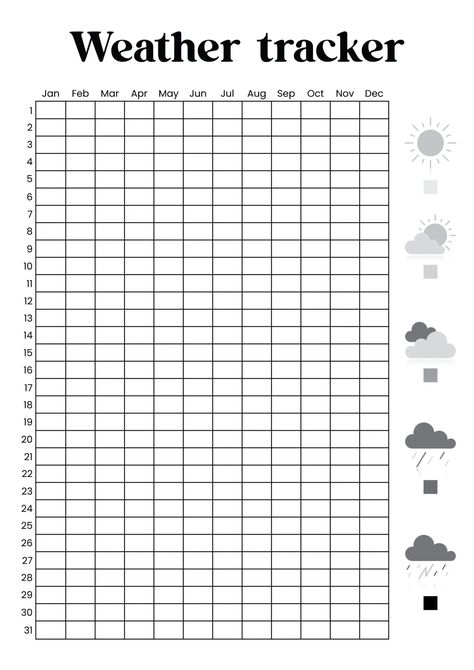 Weather tracker – B&W Journal Weather Tracker, Weather Tracker Printable, Weather Tracker Bullet Journal, Good Notes Daily Planner, Bullet Journal Topics, Bullet Journal Layout Templates, Weather Tracker, Weather Tracking, Bullet Journal Contents