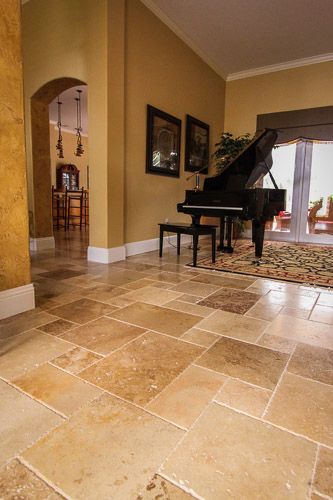 Ivory Blend French Pattern Brushed/Chiseled Tile    www.stone-mart.com Stone Floor Tiles Living Room, Mazeras Stone Flooring, Tile Living Room Floor, Travertine Kitchen Floors, Tile Foyer, Stone Kitchen Floor, Log Home Flooring, Marble Floor Pattern, Tile Colors