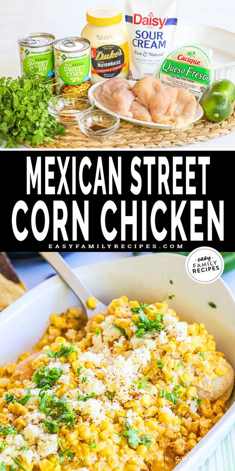 This Mexican Street Corn Chicken Bake recipe is super fast to make and such a delicious family dinner! With the flavors of Elote Corn smothered on top of tender chicken breast and then baked to tender perfection, this recipe is perfect for a busy weeknight. This chicken recipe with a few ingredients still packs in the flavor with sweet corn baked in a combination of mayonnaise, sour cream, spices and cheese for a kid friendly dinner the whole family will love! 4th Of July Chicken Recipes, Best Baked Chicken Breast, 4th Of July Chicken, Mexican Street Corn Chicken, Street Corn Chicken, Oven Dinners, Chicken Bake Recipe, Best Baked Chicken, Elote Corn