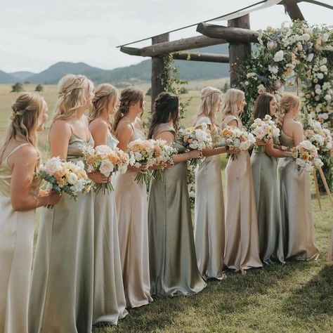 BIRDY GREY 🐥 on Instagram: "Love this palette of soft, earthy neutrals 🤍 Featuring our satin bridesmaid dresses in Moss Green, Neutral Champagne and Gold • 📸: @abbyrindelsphoto via @mountain.magnolia.events #birdyinthewild #BIRDYGREY" Moss Green Wedding, Tan Bridesmaids, Beige Bridesmaids, Champagne Wedding Colors, Earthy Neutrals, Neutral Bridesmaid Dresses, Sage Bridesmaid Dresses, Sage Green Bridesmaid Dress, Champagne Bridesmaid Dresses