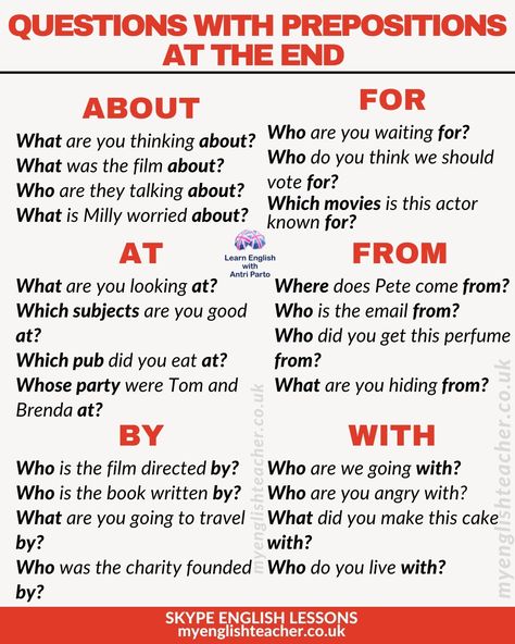 Questions With Prepositions, English Charts, English Grammar Exercises, Prepositional Phrases, Esl Vocabulary, Learning English For Kids, Common Phrases, Good Vocabulary Words, The Sentence