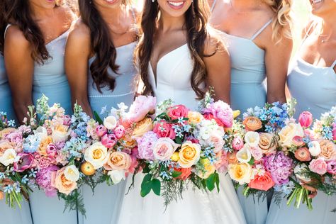 Light Blue Wedding Reception, Bright Colored Flowers, Pastel Wedding Theme, Wildflower Wedding Theme, Light Blue Bridesmaid, Colorful Wedding Flowers, Light Blue Wedding, Spring Wedding Colors, Prom Flowers