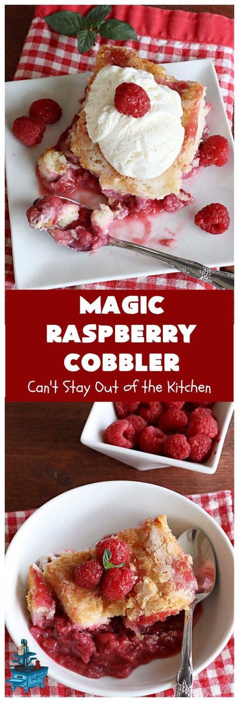 Magic Raspberry Cobbler | Can't Stay Out of the Kitchen | this scrumptious #cobbler is awesome. The ingredients are layered rather than mixed & while baking everything "magically" comes together in one of the best #RaspberryCobbler #recipes ever! Fantastic #dessert for family gatherings, company dinners or potlucks. #raspberries #MagicRaspberryCobbler Dessert For Family, Fantastic Dessert, Raspberry Cobbler, Raspberry Dessert, Almond Coffee Cake, Monday Recipes, Raspberry Desserts, Raspberry Pie, Meatless Monday Recipes