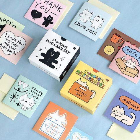 Iconic Doodle Mini Card Set Box Doodle, Sticker Doodles, Small Business Products, Illustrated Products, Handwritten Cards, Draw Cat, Notebook Cover Design, Envelope Lettering, You Doodle