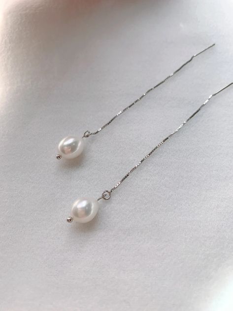 Thread Through Earrings Silver, Silver Dainty Earrings, Dainty Jewelry Silver, Pearl Stacking Ring, Pearl Threader Earrings, Prom 2022, Silver Threader Earrings, Long Silver Earrings, Thread Earrings