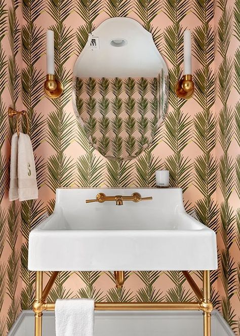 Etch Design Group’s Onion Creek Remodel Focuses on Color and Luxury - Tribeza Modern Powder Room Ideas, Katie Kime Wallpaper, Modern Powder Room, Katie Kime, Round Sofa, Design 101, Etched Designs, Bathroom Wallpaper, Rustic White