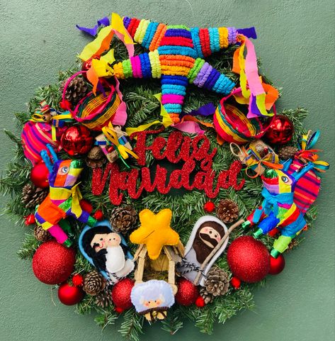 Mexican Christmas Wreath, Spanish Christmas Decor, Mexican Christmas Decor, Mexican Christmas Tree, Mexican Christmas Decorations, Mexico Christmas, Burlap Wreath Tutorial, Spanish Christmas, Mexican Doll