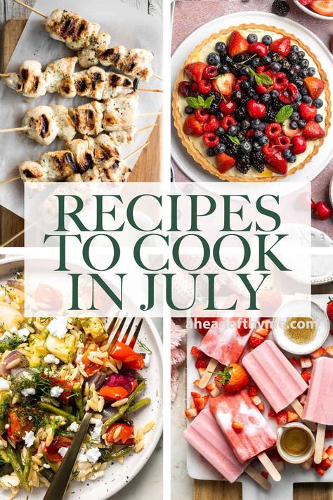 Are you wondering what to cook in July? Browse our collection of 50 best July recipes to cook for breakfast, lunch, dinner, and dessert!  Our curated list of the 50 best recipes to cook in July uses seasonal summer produce in a variety of delicious breakfast and brunch recipes, simple lunch recipes such as salads and sandwiches, light but filling dinners, fresh appetizers and snacks, and fruity and frozen desserts. | aheadofthyme.com #julyrecipes via @aheadofthyme Simple Lunch Recipes, Greek Chicken Souvlaki, Fresh Appetizers, Homemade Peanut Sauce, Thyme Recipes, Simple Lunch, Lemon Blueberry Bread, Salad Rolls, Recipes To Cook