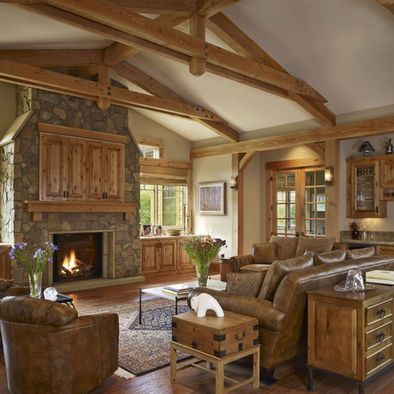 Hidden TV above fireplace Log Cabin Kitchens, Traditional Family Room, Living Room Decor Rustic, Cabin Kitchens, Traditional Living, Built In Cabinets, Traditional Living Room, Rustic Living, Family Room Design