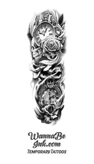 Tattoo Font For Men, Unique Half Sleeve Tattoos, Chicano Tattoos Sleeve, Half Sleeve Tattoos Drawings, Skull Sleeve Tattoos, Skull Sleeve, Hand Tattoos For Girls, Full Sleeve Tattoo Design, Men Tattoos Arm Sleeve