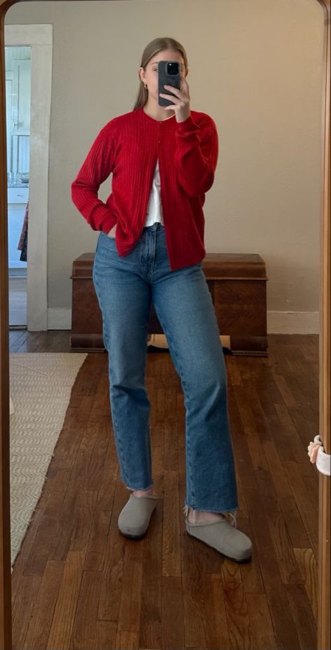 #redcardigan #cardigan #sweater #halfuphalfdown #jeans #denim Red Cardigan Outfit Aesthetic, Red Vest Outfit, Red Cardigan Outfit, Cardigan Ootd, Crop Cardigan Outfit, Cardigan Outfit Aesthetic, Red Cropped Cardigan, Red Top Outfit, Thrift List