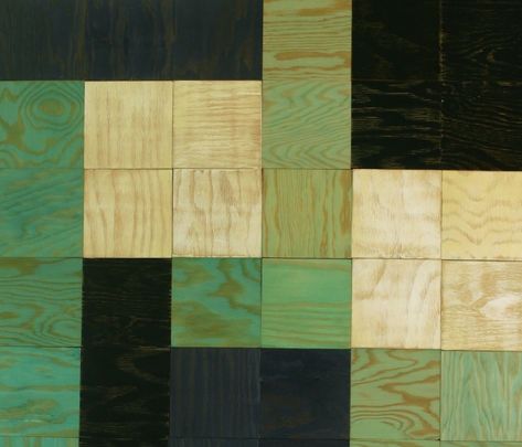 Green and black stained wood cubes with offset grain patterns. Wooden Wall Tiles, Diy Wall Tile, Plywood Walls, Marine Plywood, Bathroom Color Schemes, Wooden Tile, Magnetic Tiles, Modular Walls, Kitchen Wall Tiles