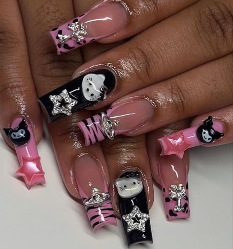 Hot Pink And Black Nails Acrylics, Nails Zebra Print, Nails Hello Kitty, Pink Black Nails, Zebra Print Nails, Quinceanera Nails, Y2k Hello Kitty, Nails Y2k, Kitty Nails