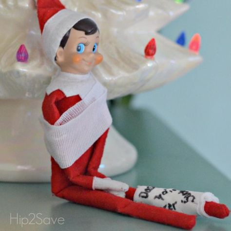 elf-on-the-shelf-gets-injured Hot Cocoa Party, Christmas Story Movie, Easy Elf On The Shelf, Cocoa Party, Easy Elf, Awesome Elf On The Shelf Ideas, Christmas Bucket, Christmas Yard Art, Elf Antics