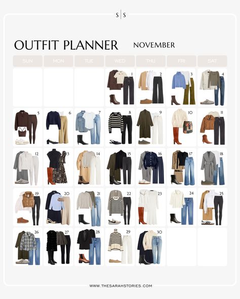 November Outfits 2024, Monthly Outfit Planner, Weekly Outfit Planner, November Outfits Fall, Outfit Calendar, January Outfits, Autumn Color Palette Fashion, Clothes Capsule Wardrobe, November Fashion