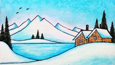 scenery drawing How To Draw A Winter Scene, How To Draw Winter Trees, Winter Background Drawing, Winter Scenes Drawing, Winter Village Drawing, Winter Easy Drawings, Winter Season Drawing For Kids, Easy Winter Drawings, Winter Scene Drawing