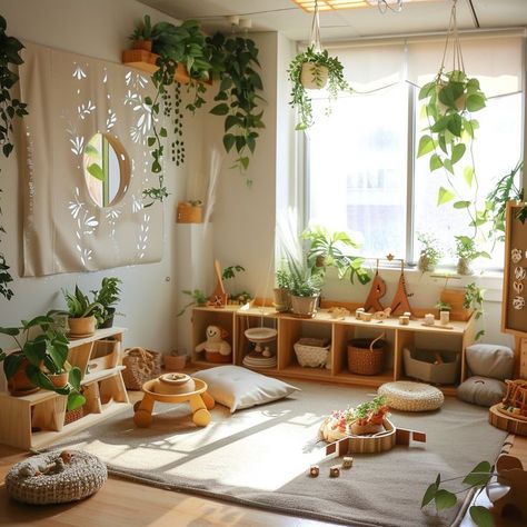 Daycare Center Kids Wooden Nursery Furniture Sets Monisorri Baby Rooms, Reggio Emilia Nursery, Living Room Daycare, Baby Room Set Up Childcare, Nature Inspired Playroom, Nursery Ideas Childcare, Toddler Room Set Up Childcare, Daycare Astethic, Minimalist Daycare