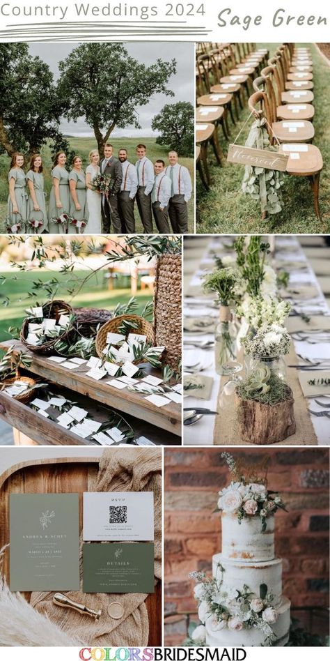 Sage green country wedding colors inspirations for 2024: sage green bridesmaid dresses, white bridal gown, dark grey groom suit and sage green tie, sage green wedding invitations, sage green and wood wedding ceremony decorations, sage green and wood table centerpieces. #weddingcolors #weddingideas #greenweddings #countryweddings #colsbm #2024 #bridesmaiddresses Country Wedding Sage Green, Spring Wedding Western, Sage Green Country Wedding, Green Country Wedding, Sage Green Wedding Invitations, Country Wedding Colors, Sage Green Bridesmaid Dresses, Top Wedding Colors, Sage Green Bridesmaid