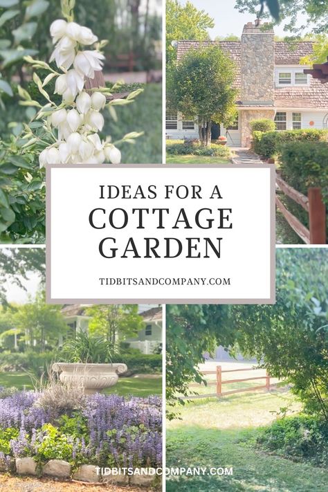 Cottage landscaping adds charm to outdoor spaces! Tour my cottage garden and learn how to use simple, thrifty ideas to create a magical yard. Cottage Landscaping Ideas, Magical Yard, Cottage Landscaping, Cottage Garden Plan, Flower Garden Layouts, Sunken Patio, Driveway Landscaping, Shady Tree, Charming Cottage