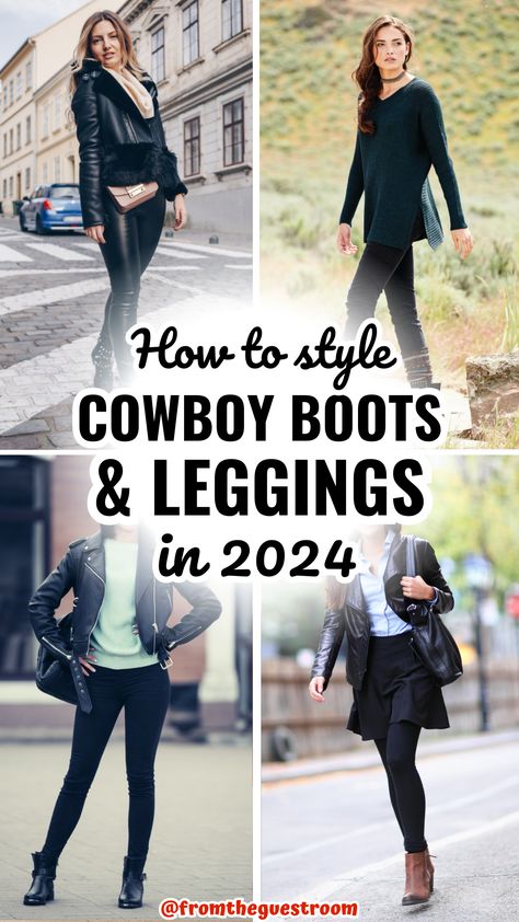 women wear cowboy boots and leggings in 2024, western outfits Leggings And Riding Boots Outfit, Black Cowboy Boot Outfit Women, Faux Leather Leggings With Cowboy Boots, Chic Cowboy Boots Outfit Winter, Western Style Fall Outfits, Boots With Leather Leggings, Leggings With Tall Boots Outfit, Leggings Outfit With Boots, Western Ankle Boots Outfit Winter