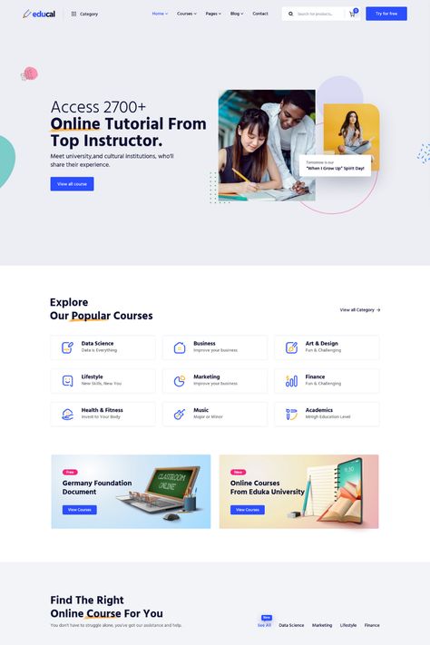 Educal is a responsive and versatile WordPress theme designed for online courses, education websites, and eLearning platforms. With its sleek design, powerful features, and RTL language support, it offers a comprehensive solution for creating and managing online courses, student registrations, and course content. Online Course Website Design, University Website Design, Course Poster Design, Course Website Design, Elearning Design, Web Design Course, Exam Time, Mobile App Design Inspiration, User Flow