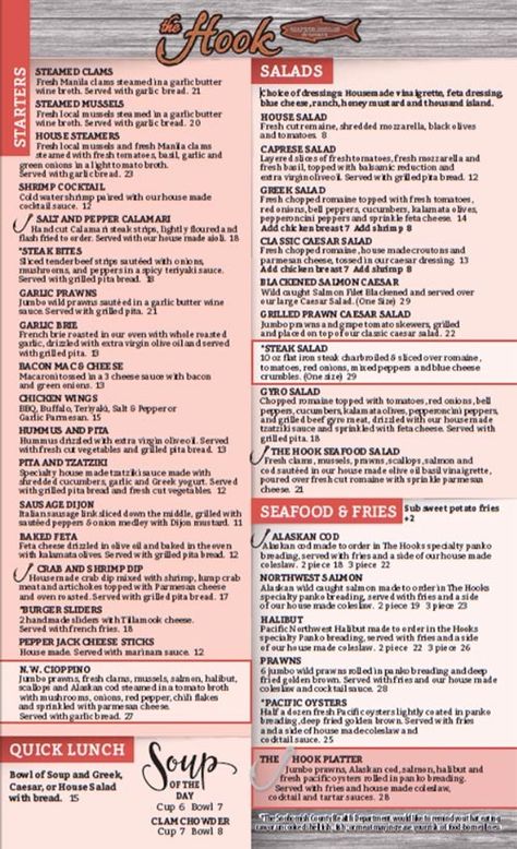 The Hook, Seafood and Spirits - Restaurant in Perrinville / Edmonds / Lynnwood, Washington Pizzeria Menu, Lynnwood Washington, Tap Beer, Recipe Design, Steamed Clams, Happy Hour Menu, Steamed Mussels, House Salad, Cocktail Lounge