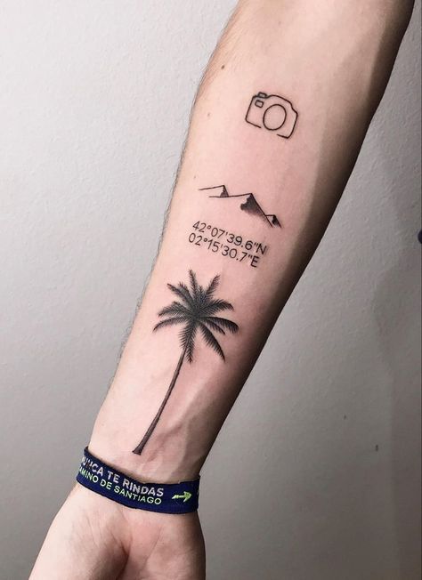 50 Best Small Travel Tattoos Ideas That Will Inspire Inner Wanderers | Aesthetic Travel Tattoos Ideas Cali Tattoo Ideas For Men, Palm Tree Tattoo Men, Creative Tattoos For Men, Boys Hand Tattoo, Traveler Tattoos, Small Travel Tattoos, Tattoo Ideas Travel, Feather Tattoo For Men, Tattoos Pequeños