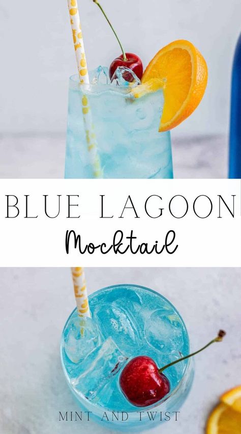 Blue Mocktail, Blue Lagoon Mocktail, Blueberry Simple Syrup, Blue Lagoon Cocktail, Blue Curacao Liqueur, Easy Mocktails, Cocktail Umbrellas, Blue Drinks, Non Alcoholic Cocktails