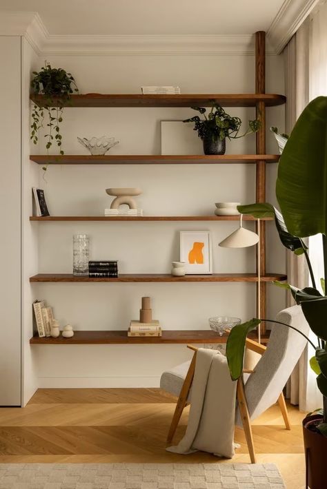 Mid Century Modern Japandi Living Room, Wall To Wall Floating Shelves, Japandi Bookshelf, Organic Shelf, Mounted Bookshelves, Living Room Plants Decor, Japandi Living Room, Japandi Living, Small Apartment Interior