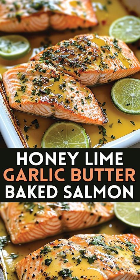 Honey Lime Garlic Butter Baked Salmon Ingredients: 4 salmon fillets (6 ounces each) Salt and pepper, to taste 4 tablespoons unsalted butter, melted 4 cloves garlic, minced 2 tablespoons honey 1 tablespoon lime juice Zest of 1 lime 2 tablespoons freshly chopped parsley, for garnish Lime wedges, for serving #salmon #easyrecipes #camilarecipes Lime Salmon Recipes, Salmon Fillet Recipes, Baked Salmon Recipe, Parsley Recipes, Lime Butter, Honey Garlic Salmon, Garlic Butter Salmon, Lime Salmon, Butter Salmon