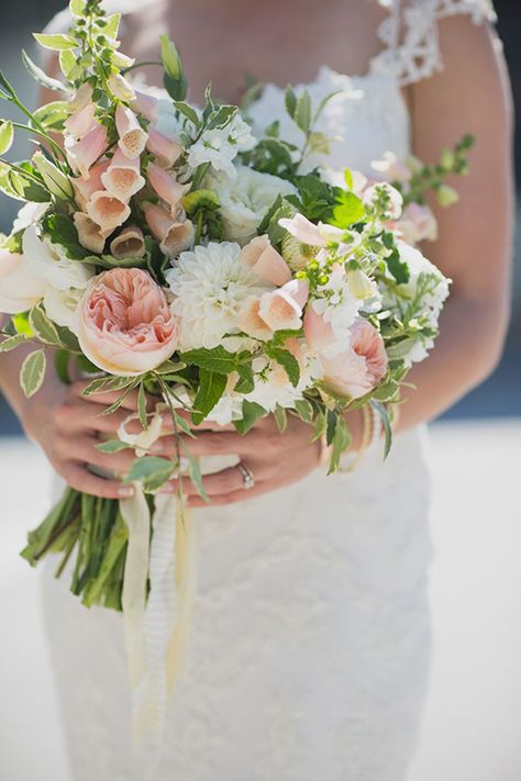 GORGEOUS Wedding Bouquet Showcasing: Peach Foxgloves, Peach "Juliet" David Austin English Garden Roses, White English Garden Roses, White Dahlias, White Lisianthus, White Stock + A Lovely Variety Of Greenery & Foliage Diy Wedding Flowers Bouquet, Peach Wedding Bouquet, Bouquet Pastel, Church Wedding Flowers, Modern Wedding Flowers, Blush Bouquet, Unique Wedding Flowers, Pink Garden, Diy Wedding Flowers