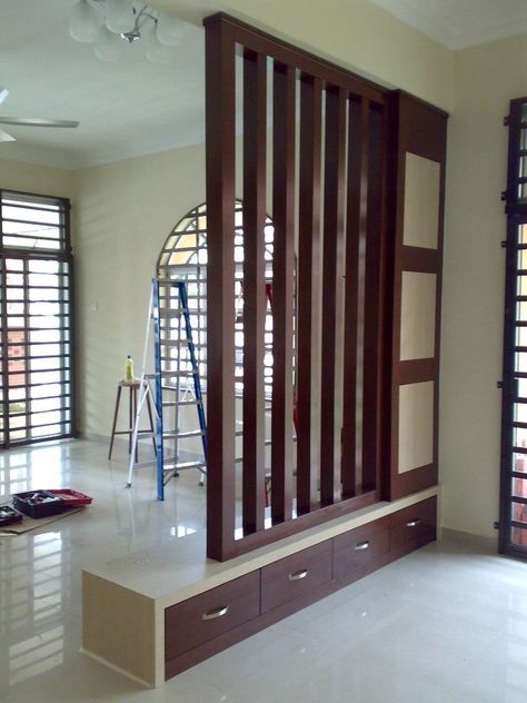 Top 45 Modern Partition Wall Ideas - Engineering Discoveries Modern Room Partitions, Modern Partition, Modern Partition Walls, Room Partition Wall, Pallet Tv, Wall Partition Design, Wooden Partitions, Living Room Divider, Divider Design