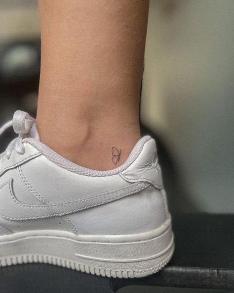 Micro Ankle Tattoos For Women, Ankle Tattoo Dainty, Butterfly Dainty Tattoo, Bird Tattoo Ankle, Small Butterfly Ankle Tattoo, Fine Line Tattoo Ideas Butterfly, 3 Butterfly Tattoo Fine Line, Ankle Butterfly Tattoo, Fineline Tattoo Minimalist Butterfly