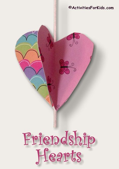 BFF can share their talent and personality by creating these 3-D Friendship Hearts. Each child selects a design for their heart and cuts out a heart for each friend. Directions and printable heart template at Activities for Kids. Friendship Crafts For Teens, Friendship Arts And Crafts, Friendship Crafts For Kids, Friendship Craft, 2025 Crafts, Planning 2023, Friendship Crafts, Printable Heart Template, Friendship Heart