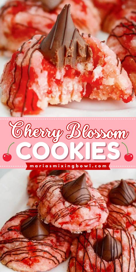 Looking for delicious dessert recipes? Say hello to your new favorite cookies! This simple baking idea starts with maraschino cookies. Topped with a Hershey Kiss and drizzled with chocolate, these easy cherry blossom cookies are such a treat! Cherry Blossoms Cookies, Holiday Maraschino Cherry Shortbread Cookies, Cherry Maraschino Cookies, Coconut Cherry Cookies, Cherry Balls Christmas, Cherry Almond Cookies Recipe, Marchino Cherry Chocolate Chip Cookies, Fruit Flavored Cookies, Cherry Blossom Treats