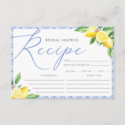 $2.27 | Lemon Italian Positano Blue Bridal Shower Recipe | Bridal Shower Invitations | bridal shower recipe, recipe for the bride, lemon, italian, positano, blue tile, moroccan, meditteranean, elegant, recipe Italian Shower Theme, Positano Baby Shower Theme, Italian Bridal Shower Themes, Italian Summer Bridal Shower Theme, Lemon And Blue Bridal Shower Theme, Positano Bridal Shower Theme, Italian Bridal Shower Ideas, Italian Lemon Bridal Shower Theme, Amalfi Coast Bridal Shower Theme