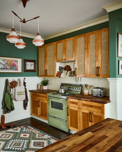 Earth Tone Kitchen, 1900s Kitchen, Cozy Craftsman, Earth Tones Kitchen, Walnut Butcher Block Countertops, 1920s Kitchen, Turquoise Cabinets, Craftsman Style Kitchen, Kitchen Cozy