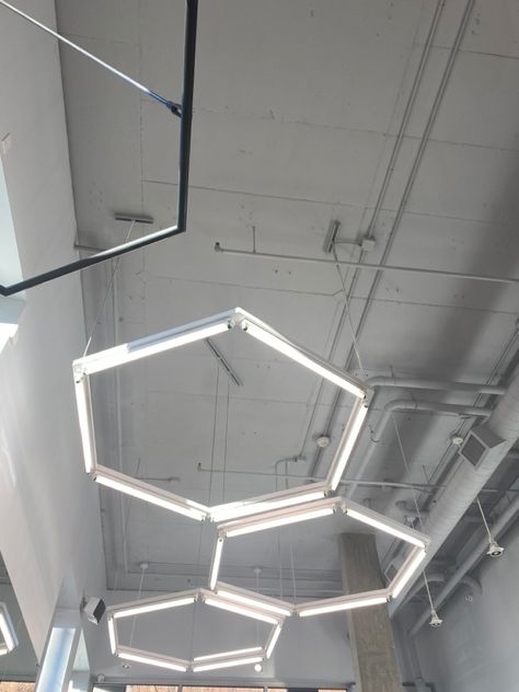 Gym Lights Design, Led Lights In Garage Gym, Hexagon Ceiling Light, Hexagon Garage Lighting, Hexagon Lights, Neon Gym Interior, Led Hexagon Light, Fitness Design Gym, Car Showroom Design